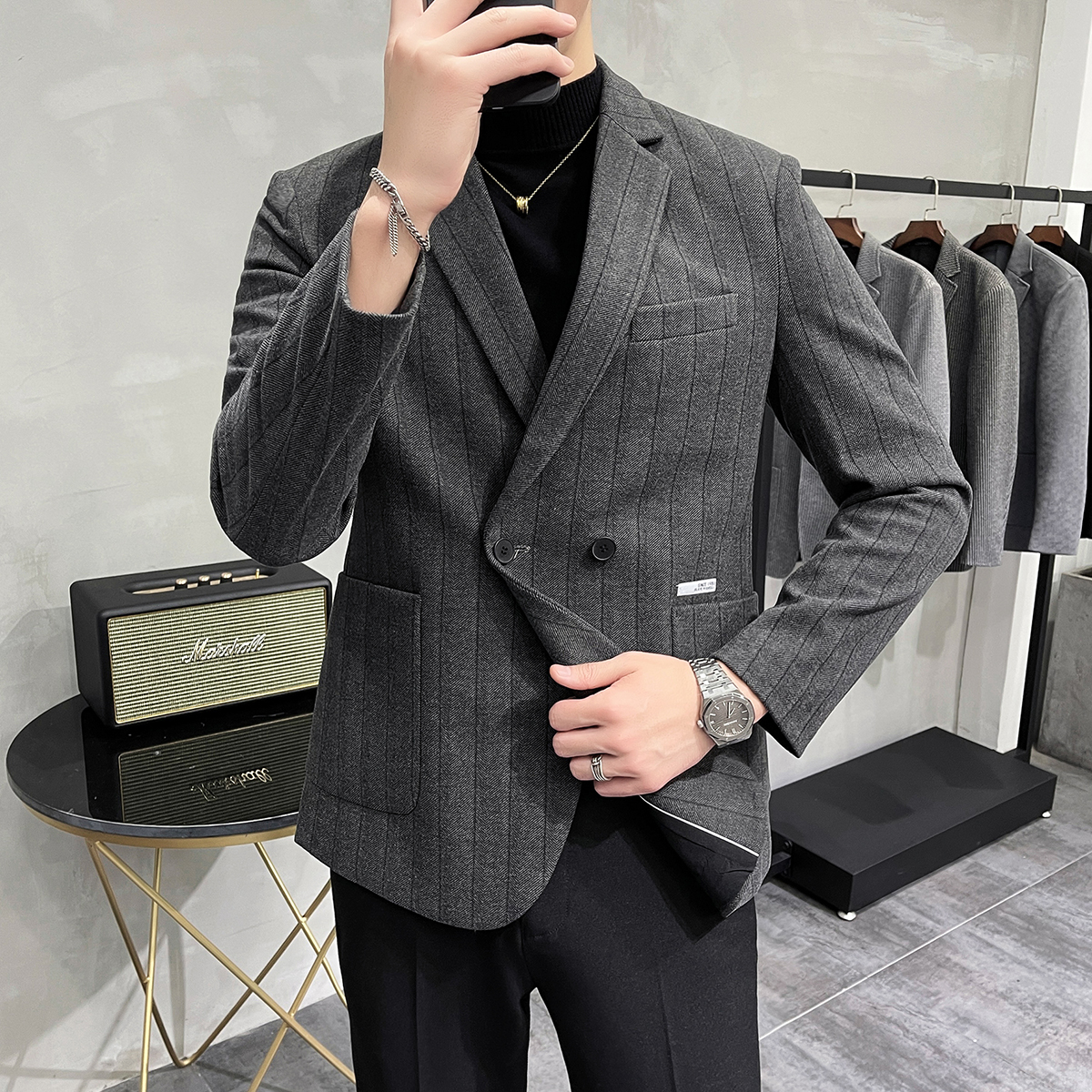 Chaqueta a rayas de doble botonadura para hombre, Blazer grueso de estilo británico, de corte entallado ropa sencilla, traje informal, abrigos de negocios, S-3XL Formal