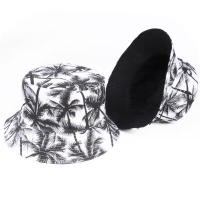 Unisex Summer Reversible Black White Coconut Tree Printed Fisherman Caps Bucket Hats Gorro Pescador Men Women: black