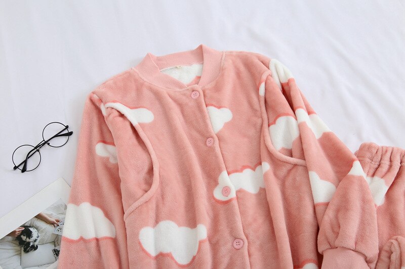 Fdfklak efterår vinter langærmet barsel nattøj graviditet pijama til gravid pink tykkere flannel ammende pyjamas