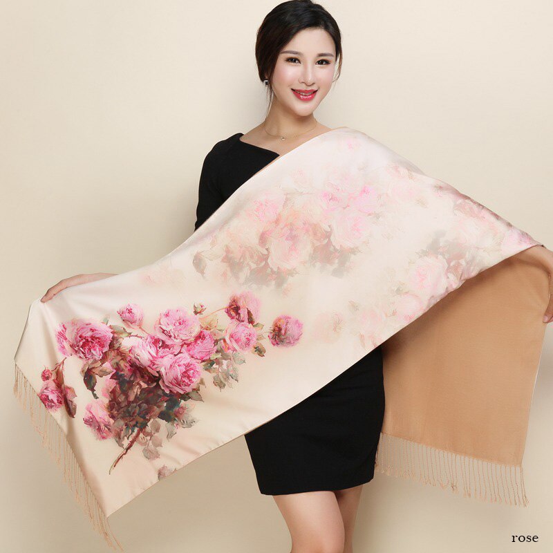 hiver Double côtés cachemire écharpe femmes long Pashmina Tippet femelle châles et Wrap Foulard femme floral foulards en soie: 5
