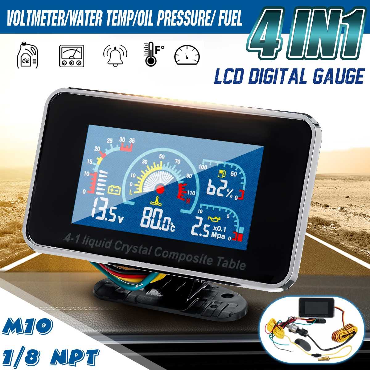 4 In 1 Lcd Auto Digitale Alarm Gauge Druk Voltmeter Volt Watertemperatuur Olie Druk Brandstofmeter Temperatuur Sensor 12 v/24 V