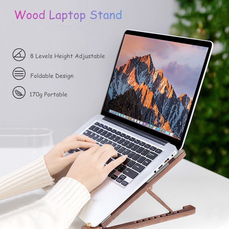 Wood Laptop Stand Foldable 8 Levels Height Adjustable Portable Notebook Holder Computer Support for MacBook Air Pro 11-17&#39;&#39;