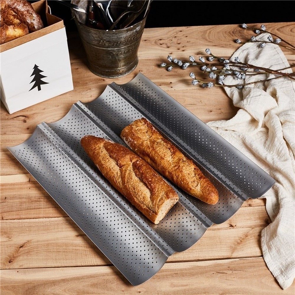 Nonstick Perforated French Bread Baking Pan Carbon Steel Baguette Pan French Bread 4 Wave Loaves Loaf Bake Mold kitchen Tray