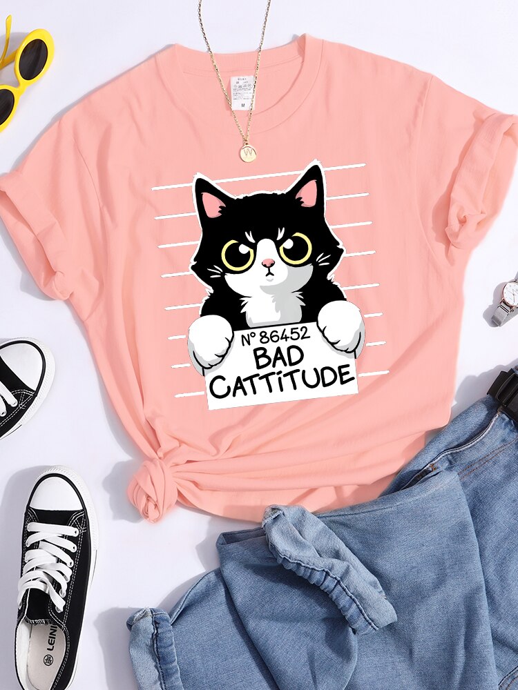 No86452 Slechte Cattitude Grappige Kat Womens T-shirt Casual Sport T Shirts Ademende Zomer Tee Shirt Street Creativiteit T-shirt Vrouwen