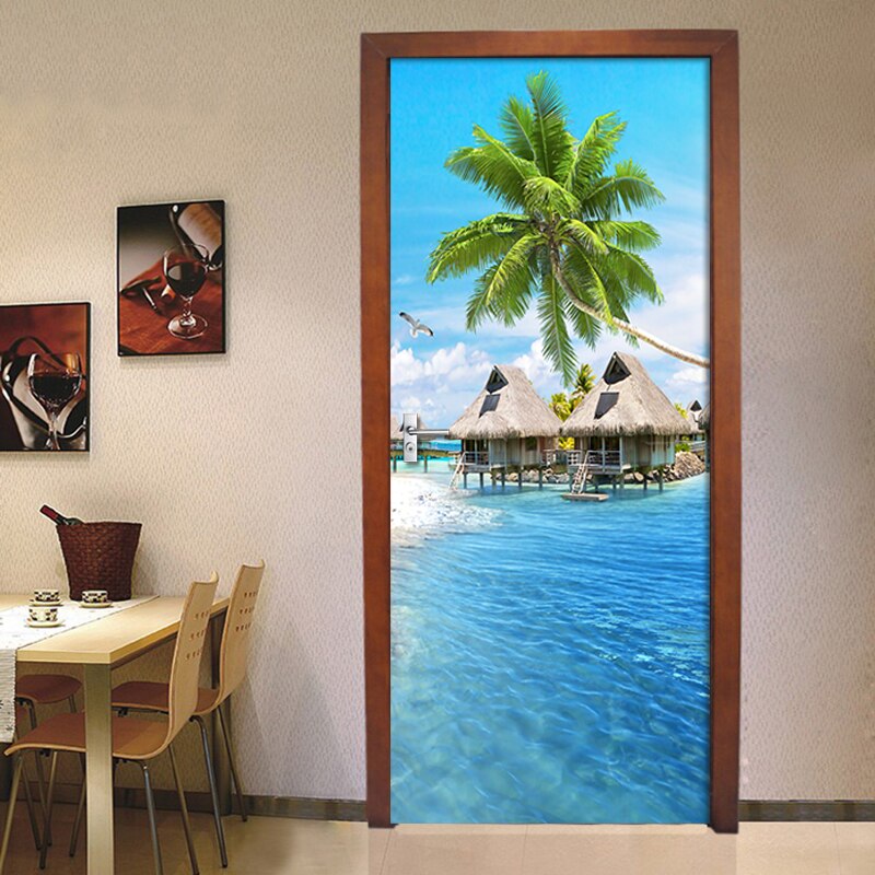 3D Door Decoration Wallpaper Modern Seascape Door Sticker Self-adhesive Waterproof Poster Home Door Mural Decal Wall Sticker