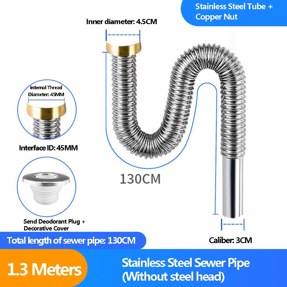 0.6M/0.8M/1M/1.3M Gootsteen Afvoer Slang Gootsteen Fittingen Afdruiprek Afvoer slang Rvs Vaatwasser Zwembad Enkele Tank: 1.3M-No hole