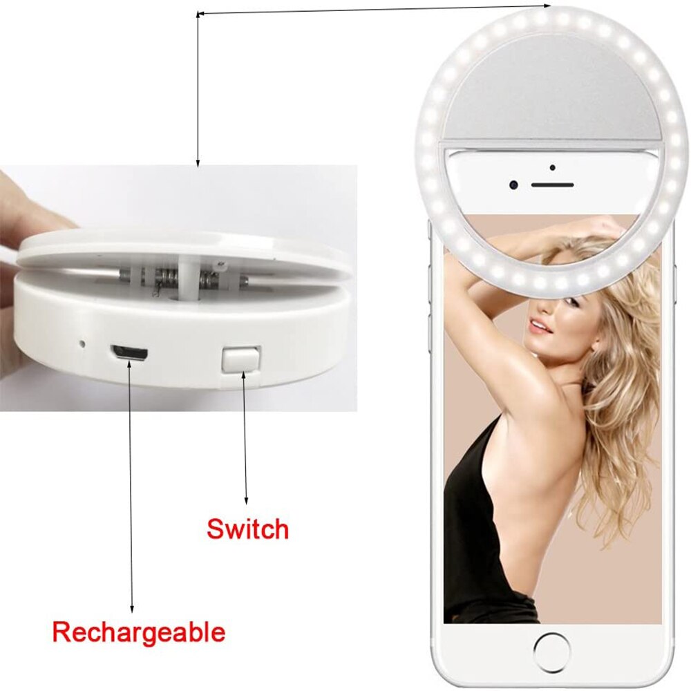 Oplaadbare zelfontspanner led ringflitser ringklem usb-oplaadfunctie voor telefoons voor iphone samsung sony smartphones