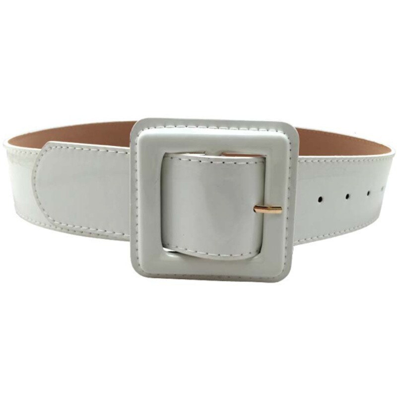 Cinturones de hebilla grande cuadrada para mujer, charol brillante, hebilla negra, cinturón ancho, cinturones de vestido informal para mujer: white