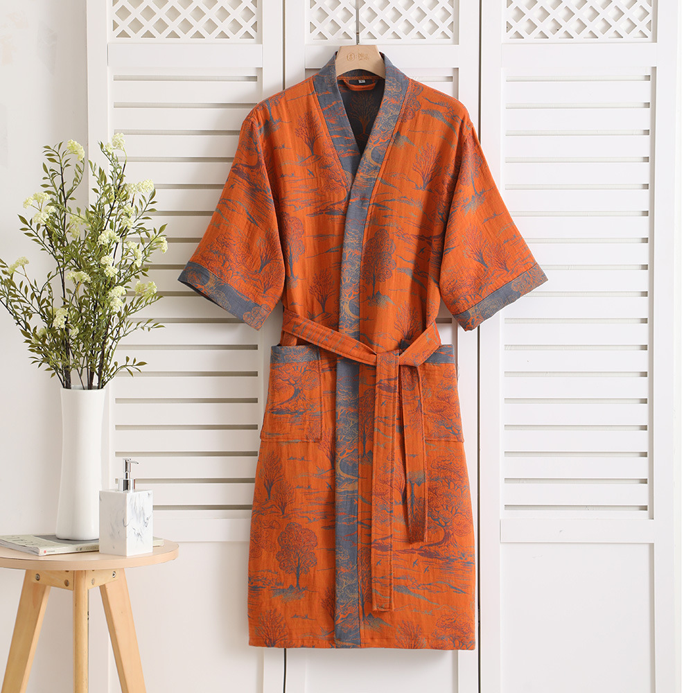 Albornoz de gasa de doble capa de algodón puro para primavera/verano, tela fina teñida, ropa de hogar para parejas, bata tipo kimono de estilo japonés, pijama