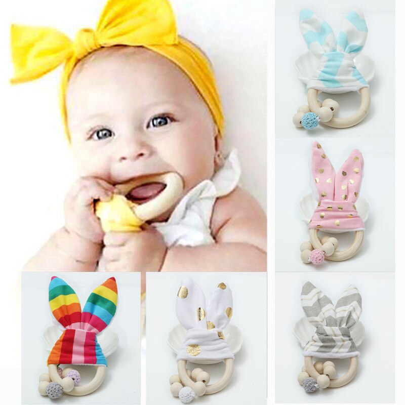 BalleenShiny Baby Kaninchen Ohren Rasseln Beißring Spielzeug Beruhigende Infant Holz Zahnen Spielzeug Kinder Kinderwagen Dekoration Zubehör