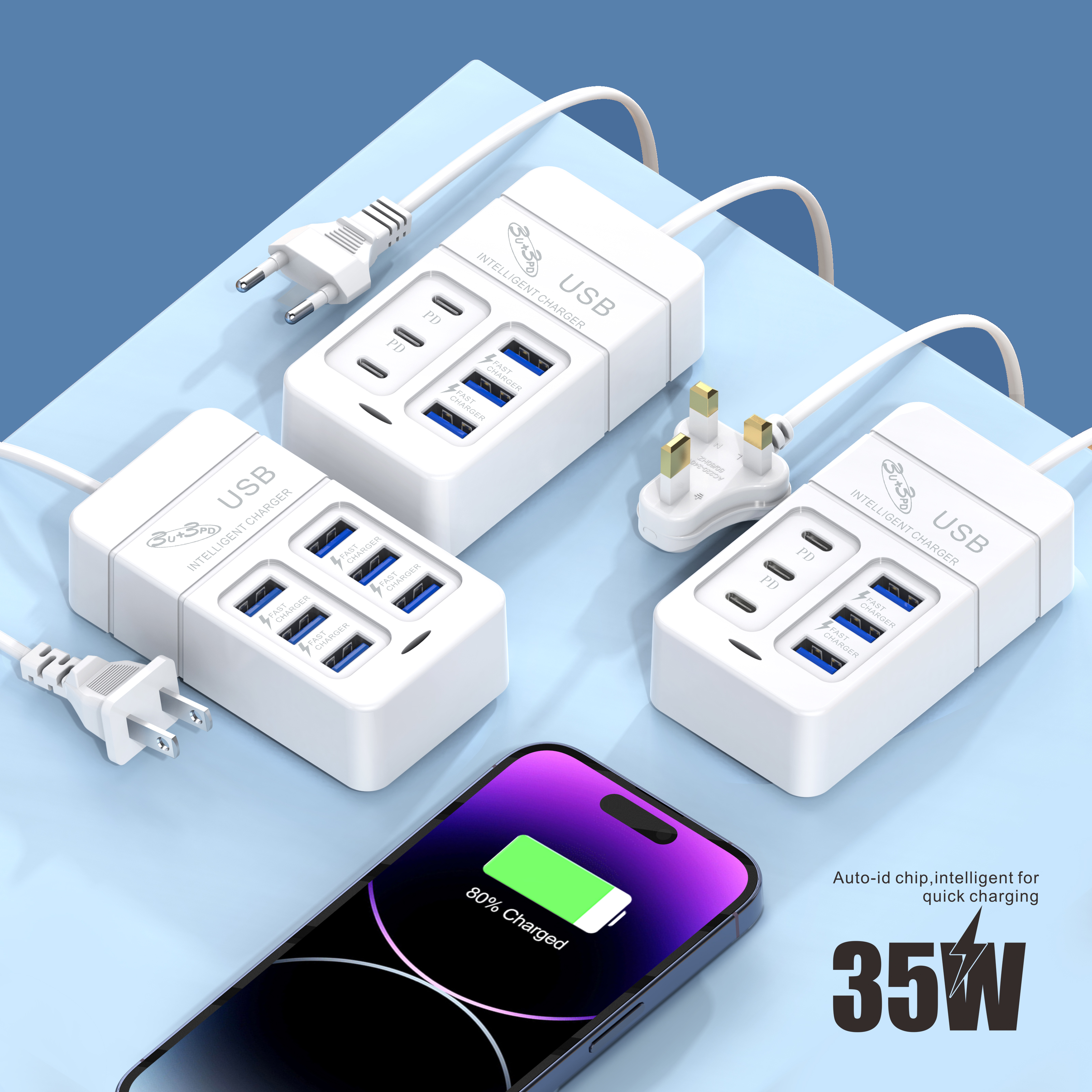 6 in 1 USB-oplader 35W PD Type C snellader oplader wandtelefoonadapter snellader 3.0 USB-hub EU-stekker US-stekker USB-oplader