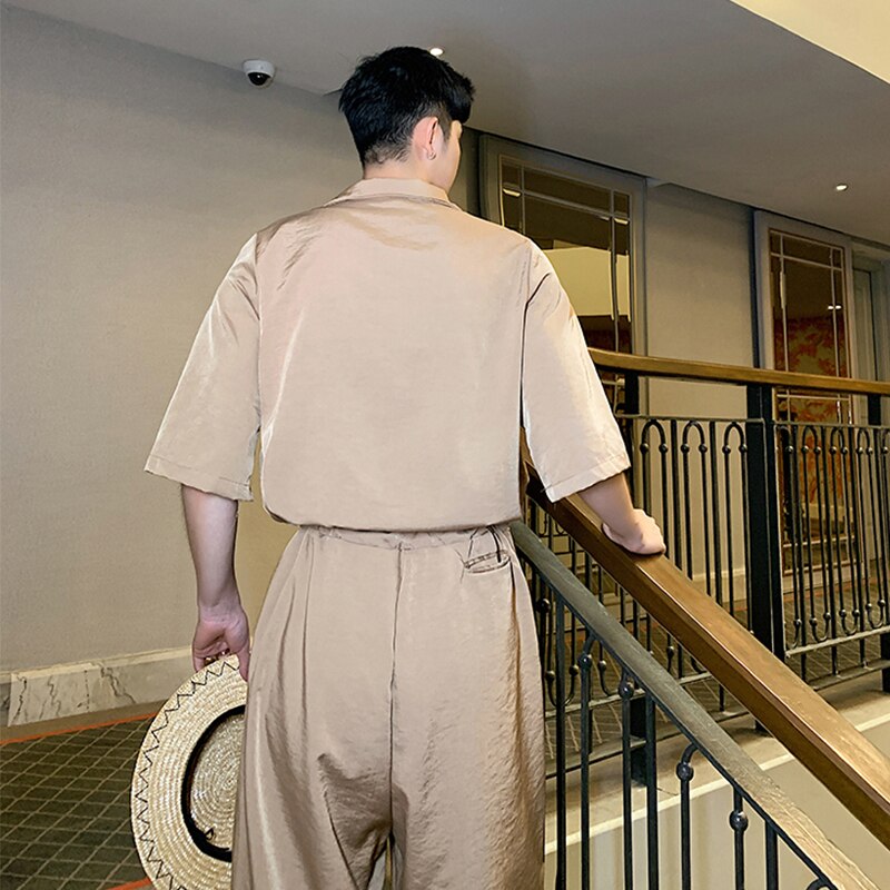 Traje holgado de para hombre, mono delgado de cintura alta, mono japonés de tendencia retro de manga corta, mono de pierna ancha de una pieza para verano