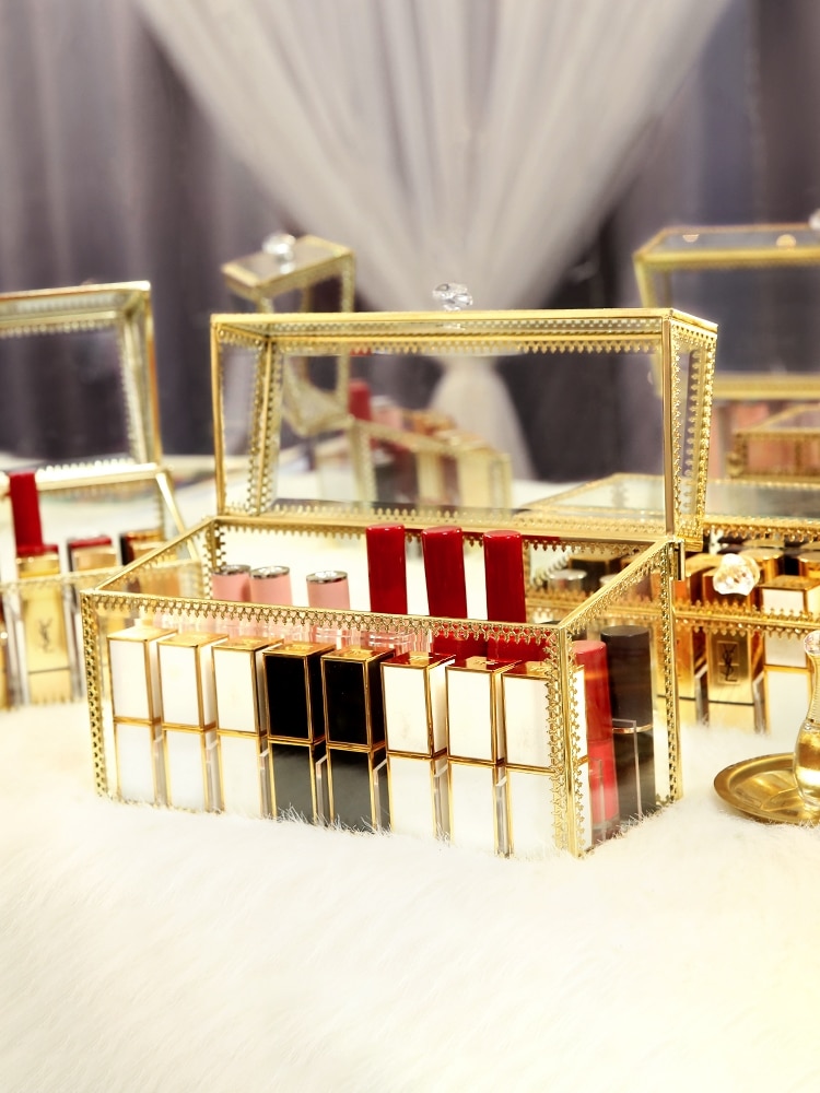 Retro kopparkant glas läppstiftslåda kosmetiska smycken förvaringslåda genomskinligt guld brons sminkorganisator badrumsställ