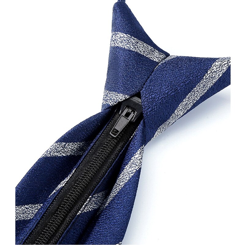Brand Top Zipper Tie For Men Gentleman Business Work Blue 7CM Striped Necktie Polyester Silk Box