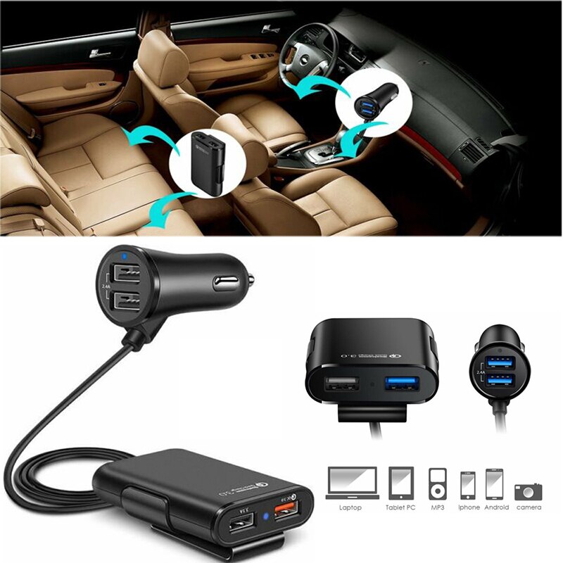 60W 8A przednie/tylne siedzenie 4 Port USB szybkie ładowanie 3.0 ładowarka samochodowa dla iPhone 12 Huawei szybka ładowarka do telefonu Xiaomi Samsung