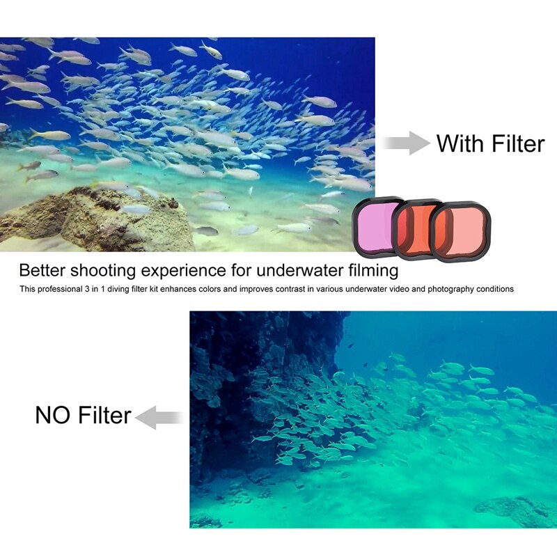 Kit de 3 uds. De filtros de Snorkel rojo, filtro de Color para objetivos para GoPro HERO 8, funda Carcasa protectora para filtro Go Pro 8