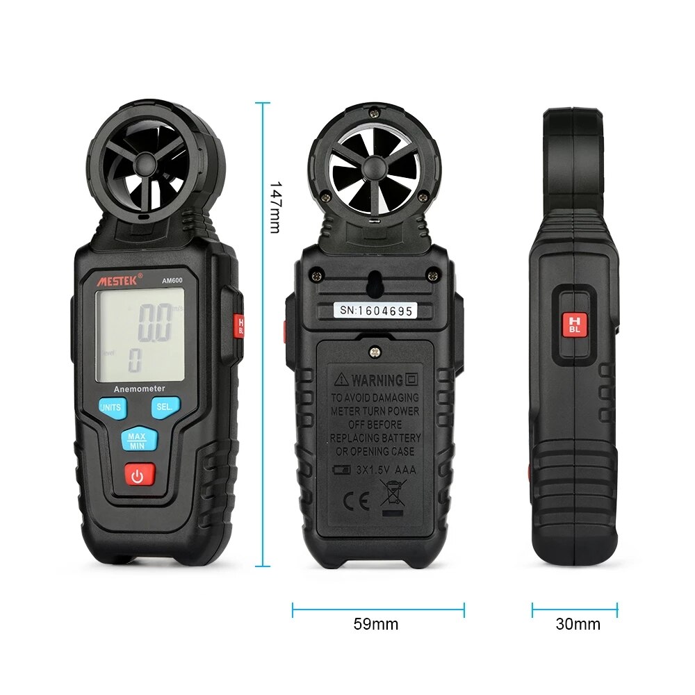 Digital Anemometer Handheld Display Air Flow Wind Speed Meter for Measuring Wind Speed Temperature and Wind Chill - AM600: Default Title