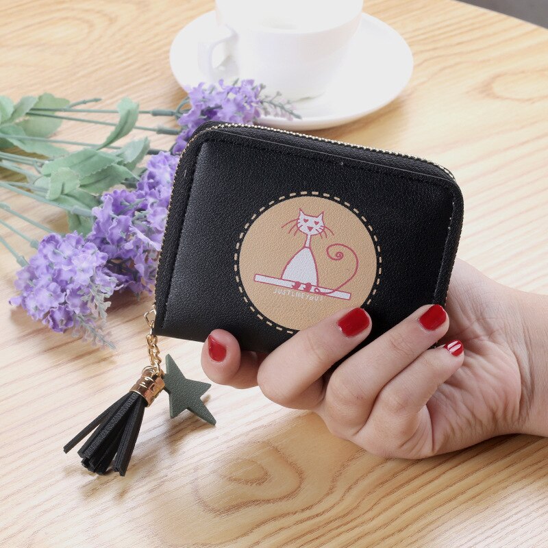 2020 gato impressão bolsa feminina curto zíper carteiras moeda saco bonito moda pequena senhora meninas estudantes carteira titular do cartão: Black