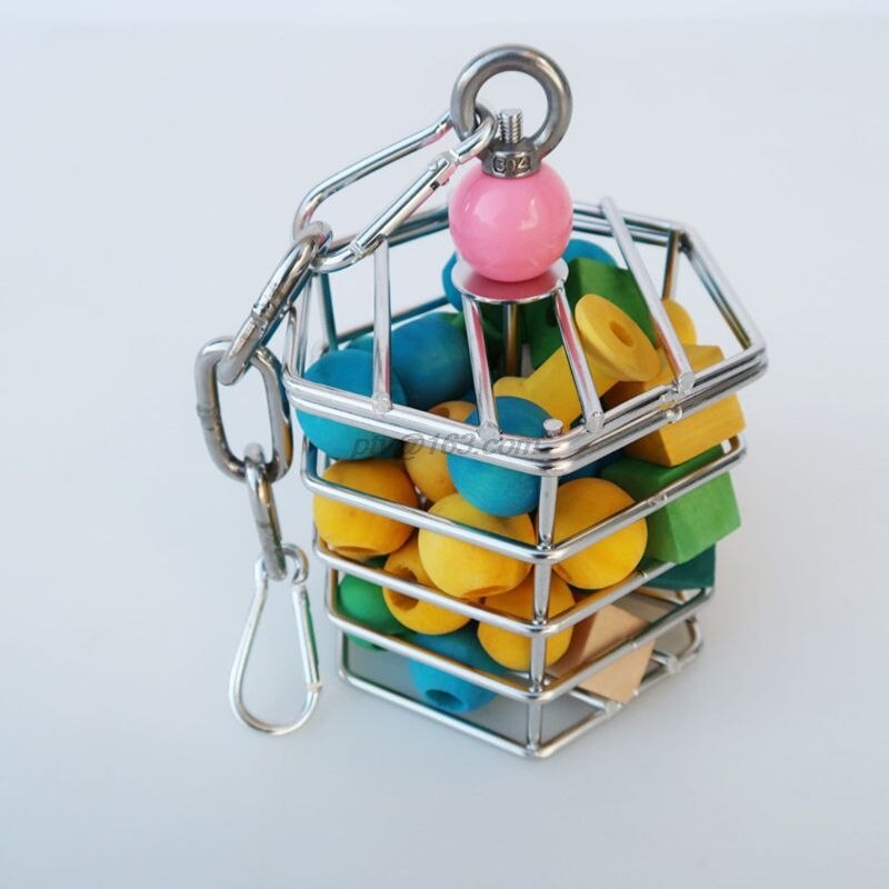 Parrot Stainless Steel Foraging Toy Bird Cage Hanging Chew Toy with Block Inside for African Grey