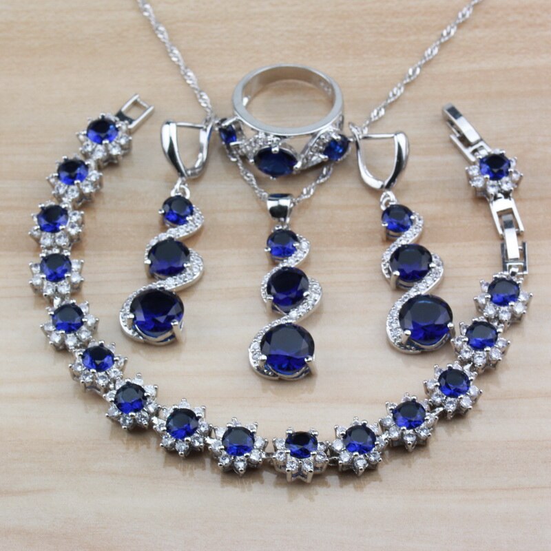 Exclusieve blauwe natuurstenen cz sieraden sets lange oorbellen/ketting/armband en ringen sets voor dames trendy kostuum