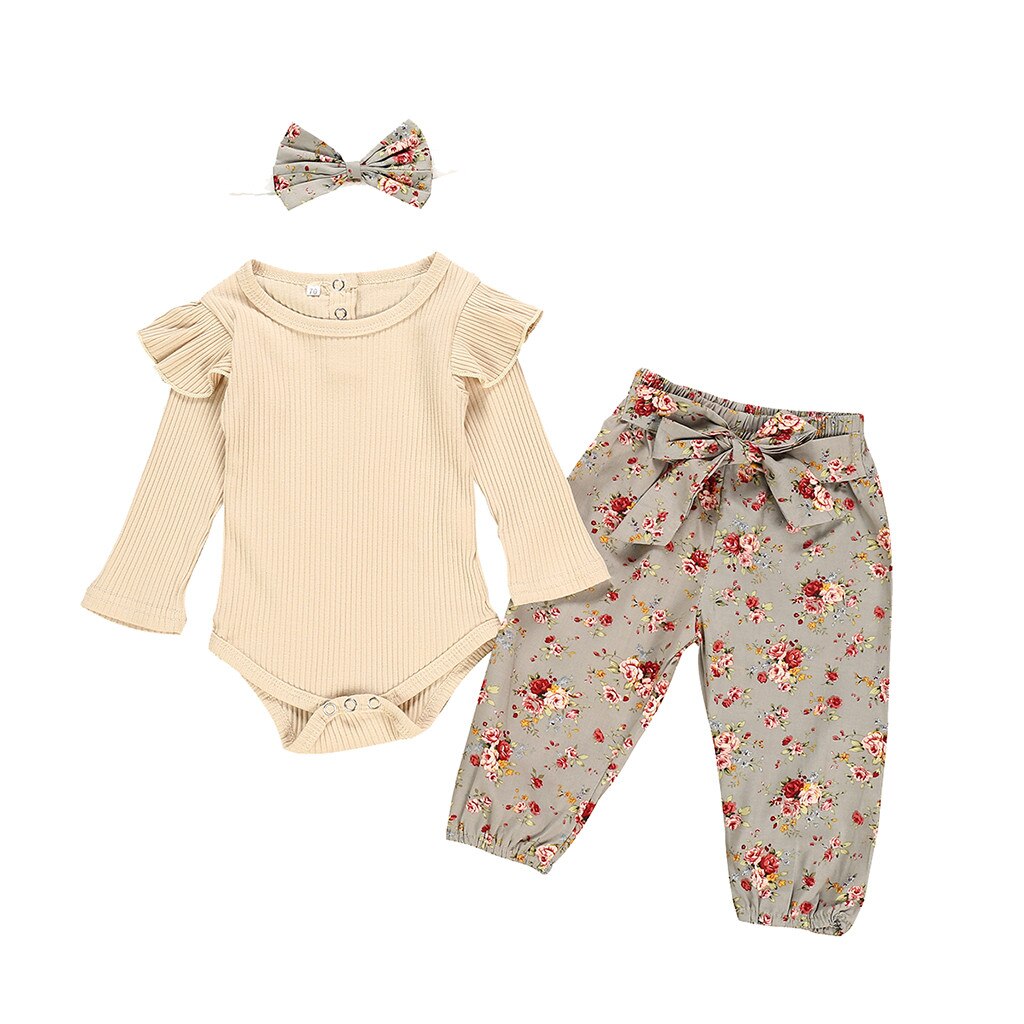 Baby Baby Meisjes Ruches Effen Romper Bodysuit + Bloemen Broek + Hoofdband Outfits Одежда Для Новорождëных Dziewczyna Zestawy: 3-6 Months