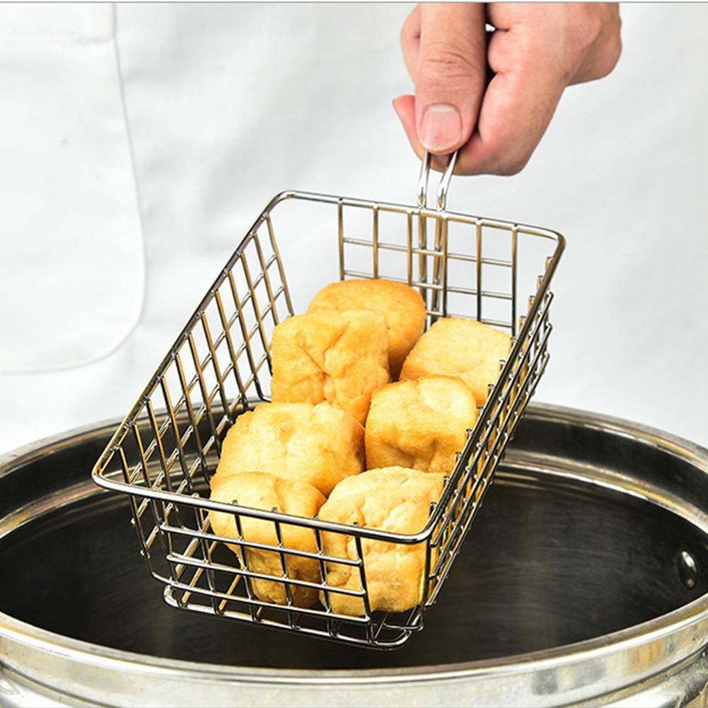 French Fries Container Square Frying Chip Basket Stainless Steel Chip Cooking Basket Snack Potato Chips Barrel for Kitchen