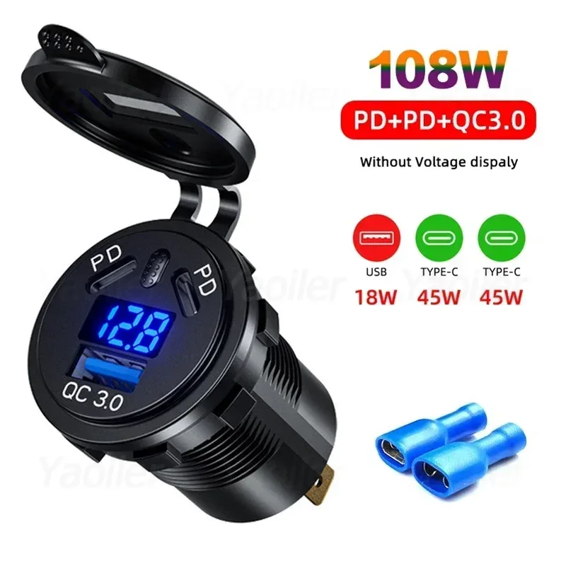 12V/24V USB-Steckdose 108W 3 Häfen Autoladegerät Dual 45W PD Typ C & 18W QC 3.0 USB-Ladegerät für Motorrad-Steckdose Ladeadapter: Weiß