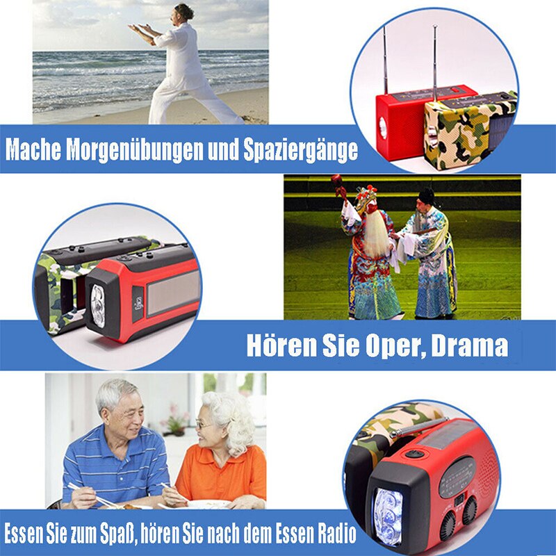 Radio portátil am fm de emergencia para exteriores, radio solar autoalimentada con manivela y 3 linternas led para senderismo y emergencia.