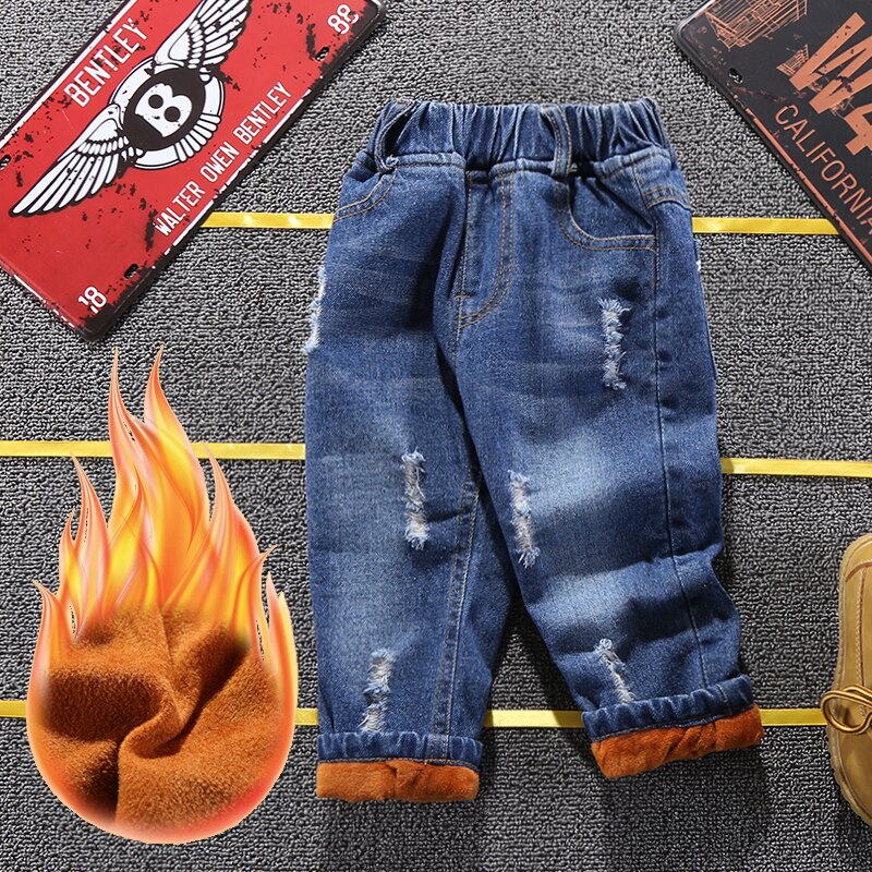 Vinter baby drenge holder varmen bomuld jeans børn afslappet hul etiket plus tykke fløjl piger denim bukser