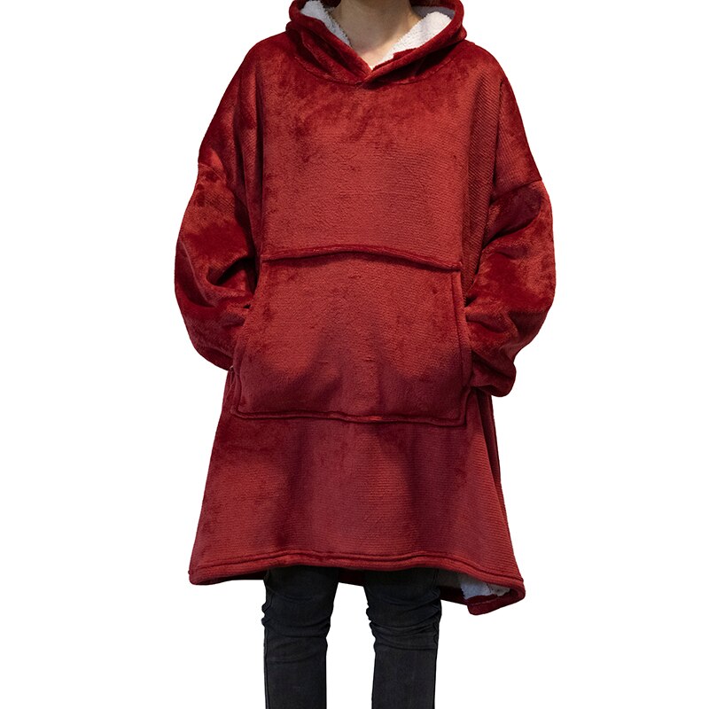 Sudaderas con capucha de lana de gran tamaño para hombre y mujer, manta de televisión con mangas y Bolsillo grande, Sudadera con capucha para exterior grueso de franela, Sudadera de felpa: Red