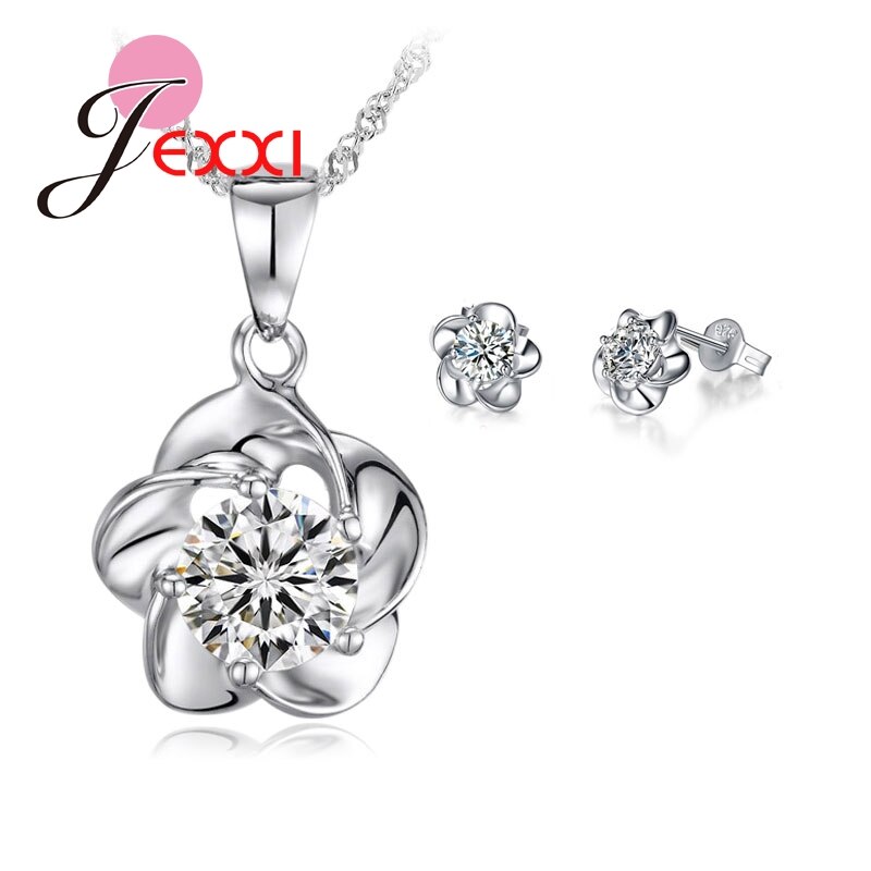 Venda quente elegante flor cz zircon 925 prata esterlina colar brincos conjunto feminino meninas festa de casamento conjunto de jóias: 1