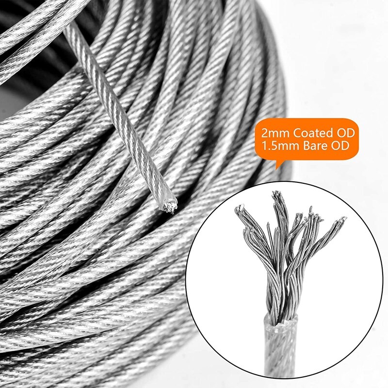 56 Pcs Garden Wire Cable Railing Wire Fence Roll Kits 15M PVC Coated Heavy Duty Stainless Steel Wire Rope Cable