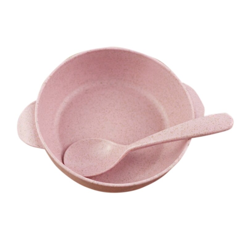 Conjunto de utensílios de mesa de palha de trigo bebê tigela de jantar crianças dos desenhos animados prato de jantar colher de tigela de treinamento do bebê para crianças: Rosa