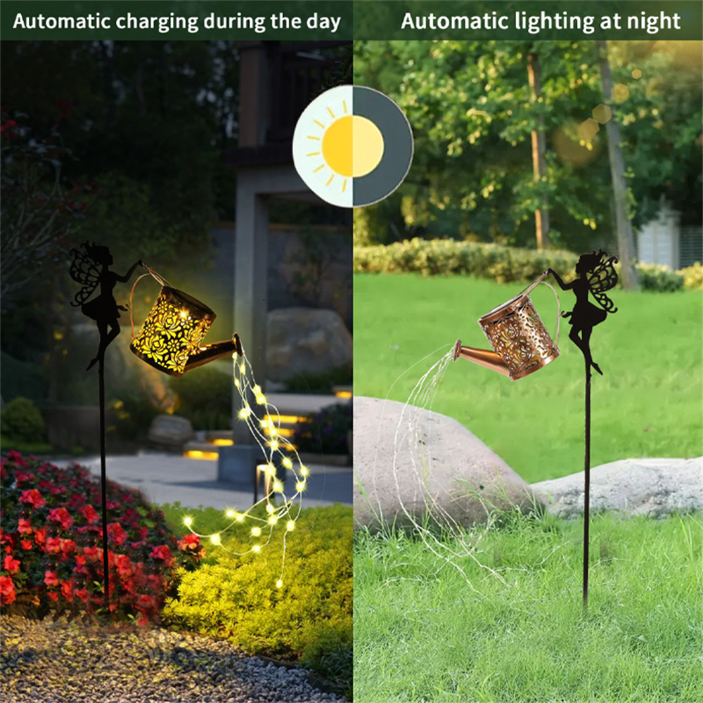 Fairy Solar Watering Can Lights Outdoor Waterfall Garden String Fairy Lights Solar Metal Kettle Projection Light Garden Decor