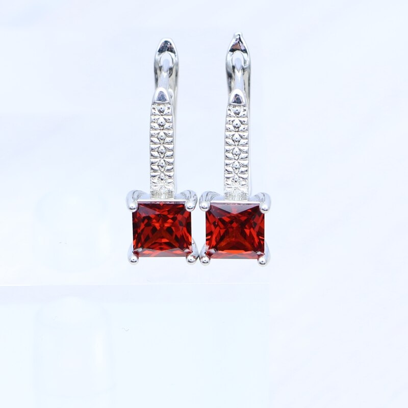 Mujer pendientes anillo colgante collar 925 joyería de plata cuadrado granate piedra roja conjunto de joyas accesorios de boda