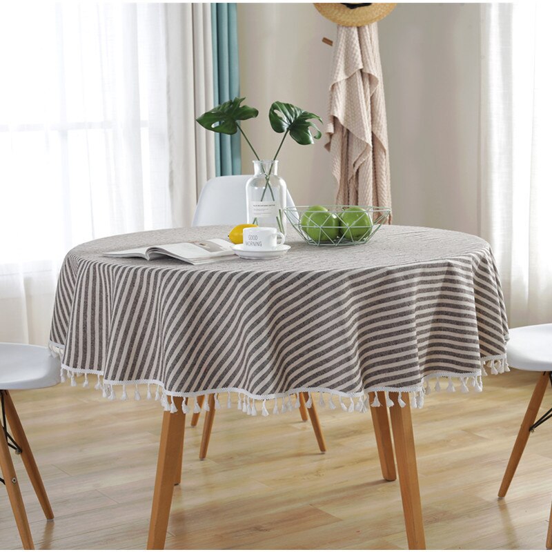Round Tablecloth 150cm/59'' Stripe Tassel Cotton Linen Table Cloth Table Cover for Home Kitchen Dinning Table Coffee Table Decor: Grey ROUND / 120*120cm