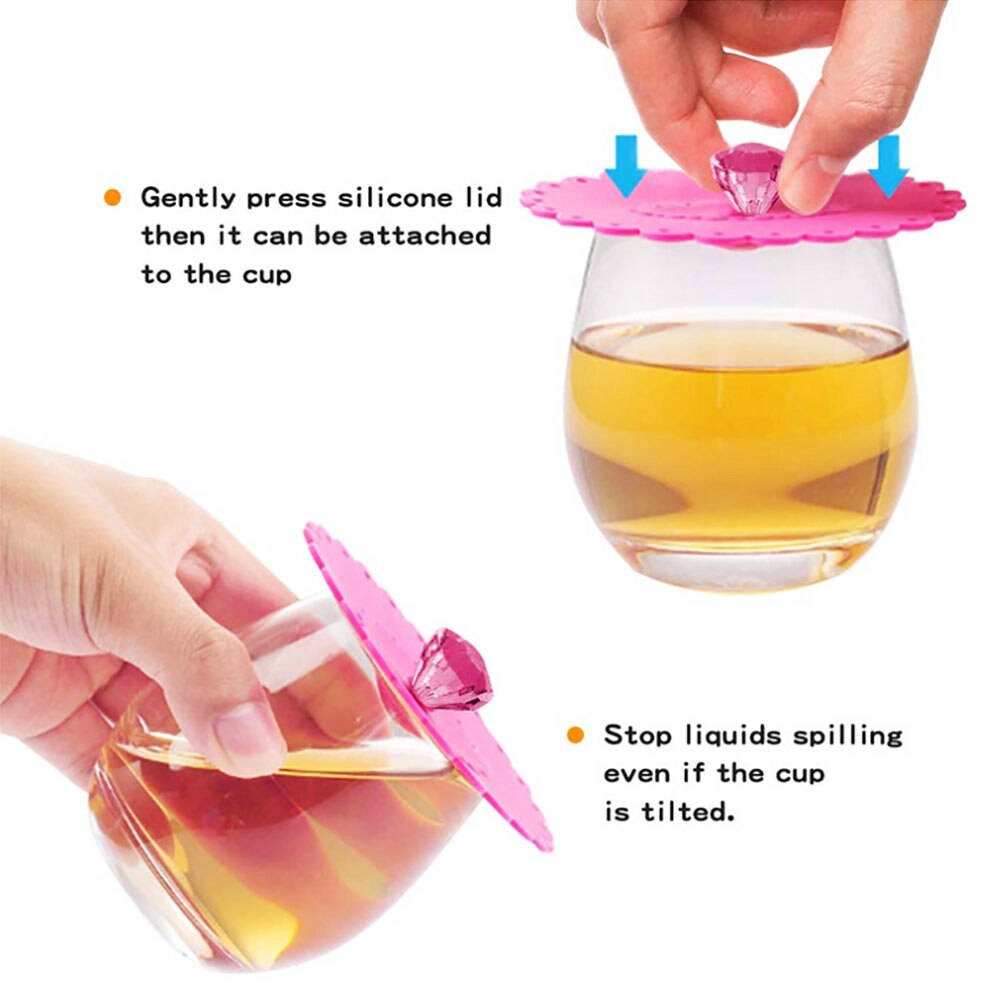 Silicone wor 6Pcs 11CM Transparent Diamond With Flower Pattern Cup Lids Dust-Proof Silicone Mug Cover Bright Color Drink Cup Lid