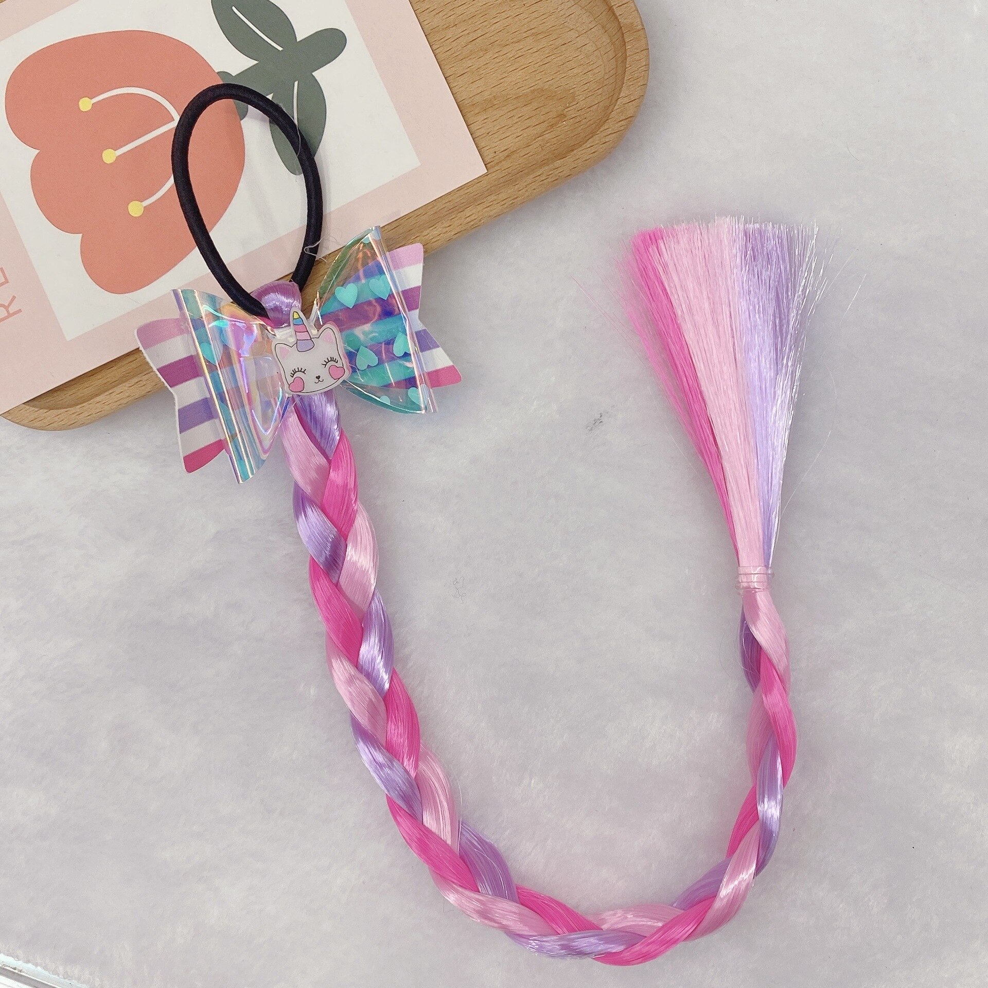 Diadema trenzada de mariposa con lazo de dibujos animados para niña, soporte para cola de caballo, bandas de goma, accesorios para bebé, peluca: 11