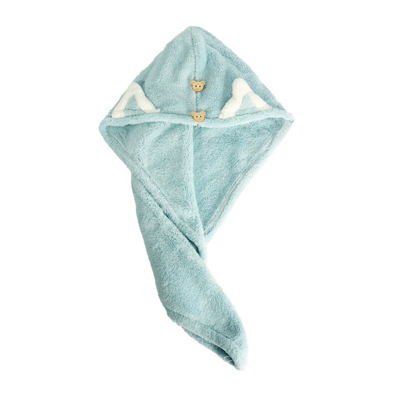 Quick Dry Hair Towels Women And Child Cute Cat Ear Super Absorption Thicker Microfiber Turban Towels With Bear Buttons: Adult Blue
