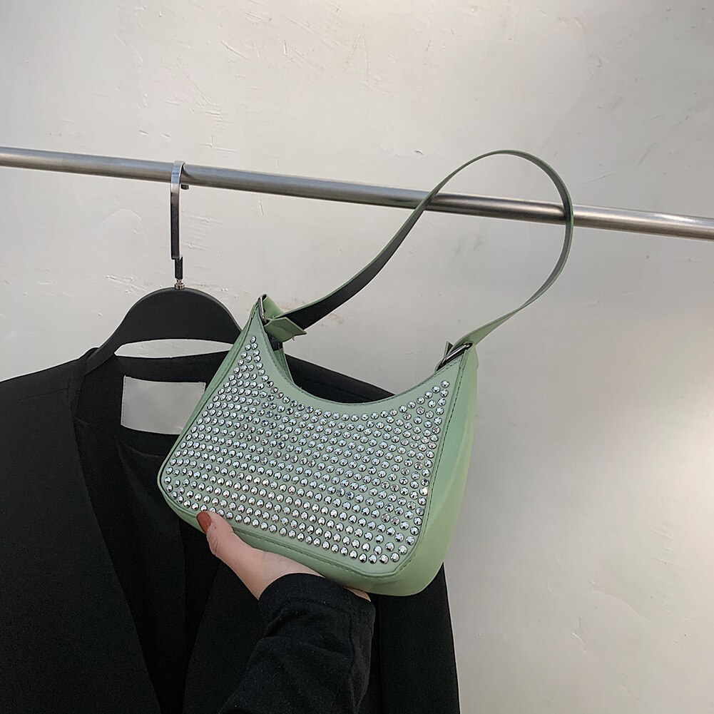 Damen-schultertasche aus pu-leder mit nieten, lässige kleine Landstreicher-handtasche, Mini-geldbörse: Grün