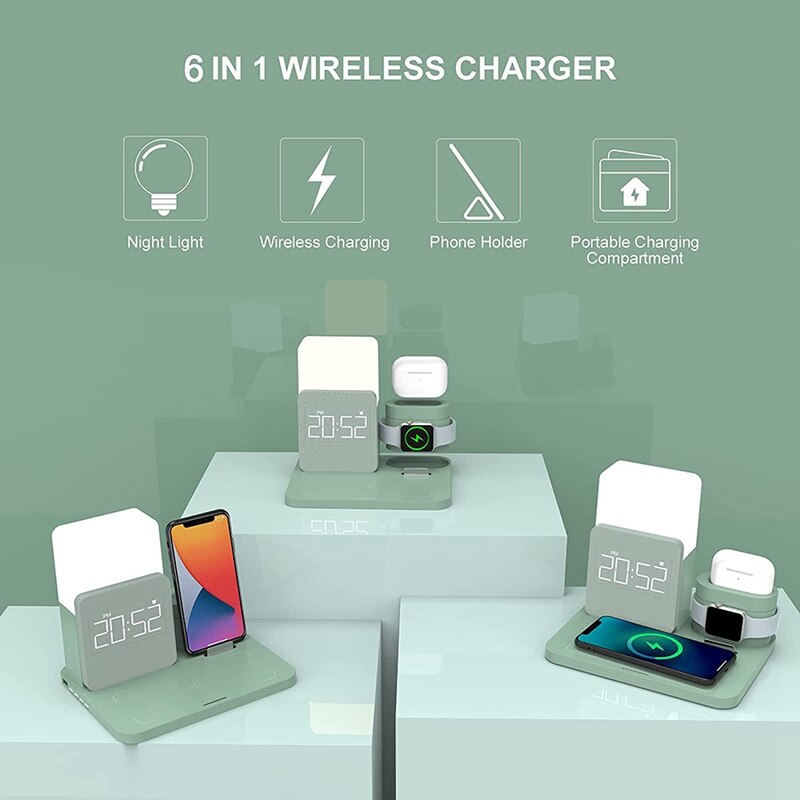 Estación de carga inalámbrica 6 en 1 con lámpara de mesita de noche y reloj despertador, 10W, Compatible con iPhone y Samsung