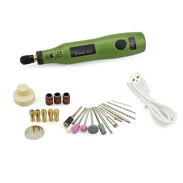 Mini perceuse sans fil, stylo à découper électrique, vitesse Variable USB, perceuse sans fil, Kit d&#39;outils rotatifs, stylo graveur pour meulage Poli 28 pièces: Green
