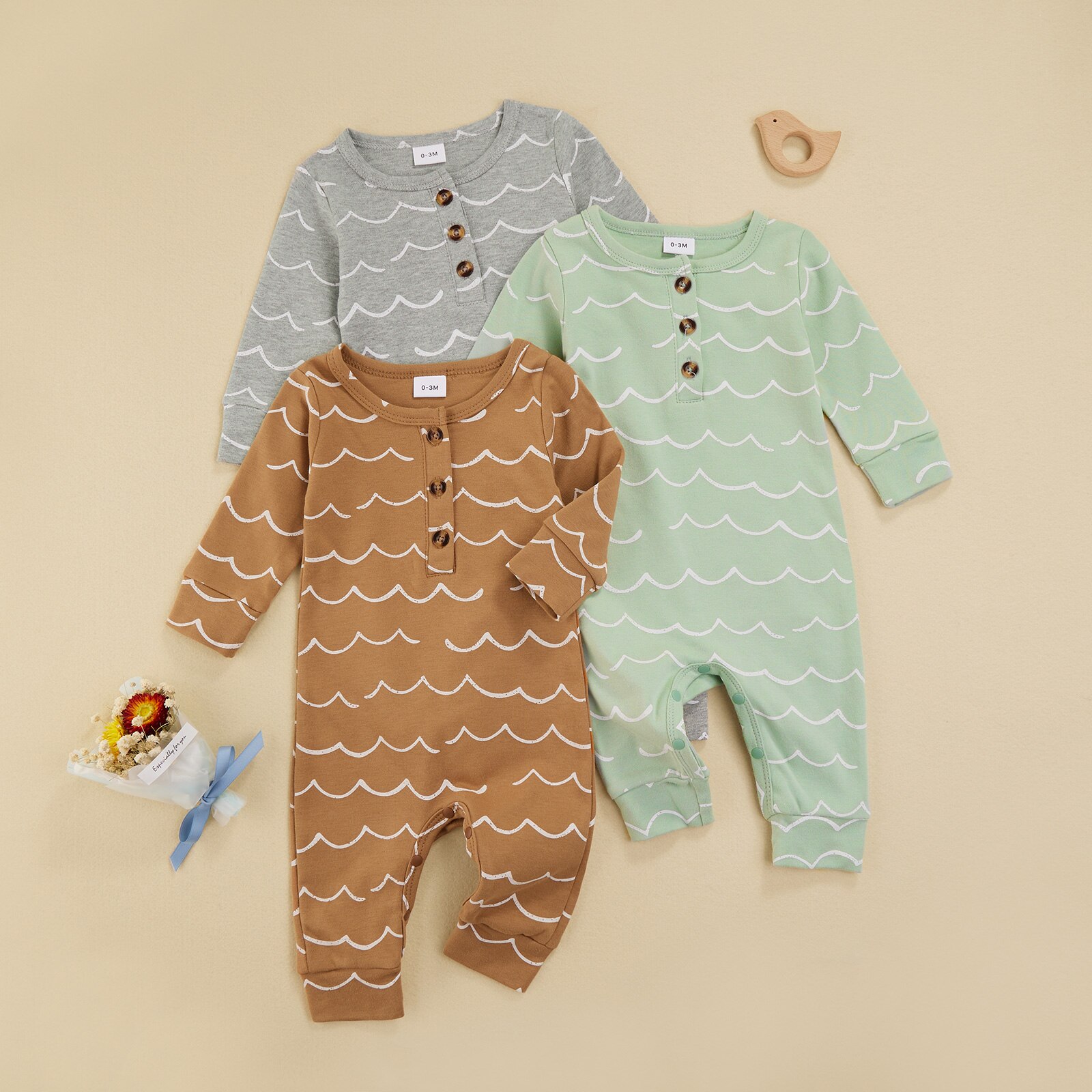 0-18M tuta da ragazzo per bambina Casual stampa a onde girocollo manica lunga bottone pagliaccetto in cotone primavera autunno abiti