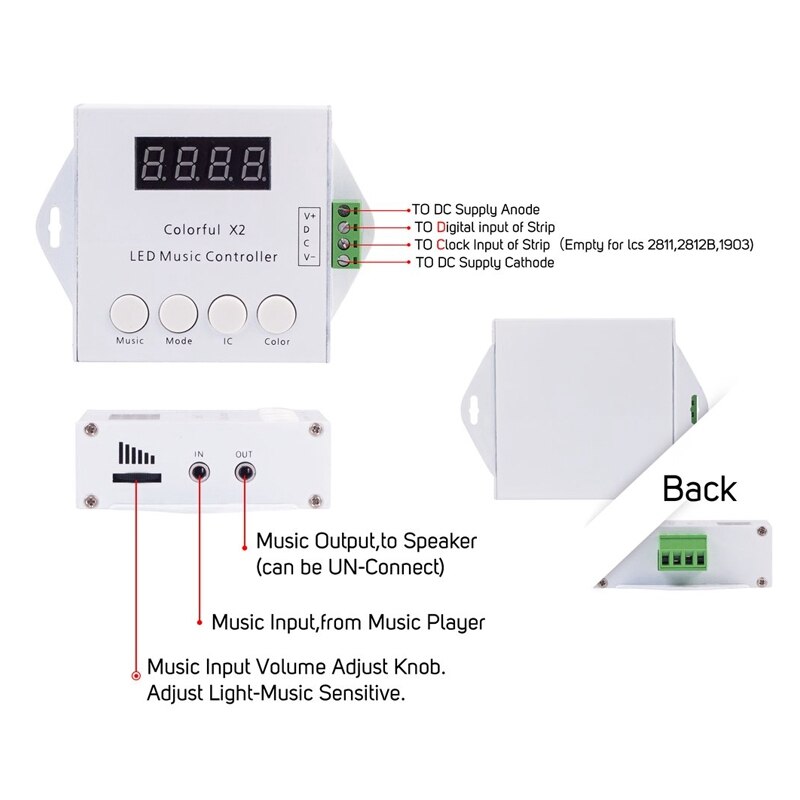 Digital Addressable Led Strip Music Controller X2(X1 Updated Version) for WS2811 WS2812B SK6812RGB 6803 WS2813 Led Strip DC5C-24