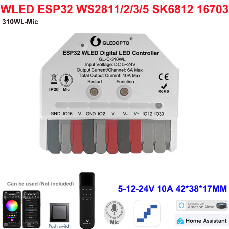 1-10WLED GLEDOPTO RGB Strip Lights with Mic LED Controller ESP32 Music Dynamic Modes for WS2811 WS2812B SK6812 WS2813 WS2815 DIY: Lilac Colour / 44