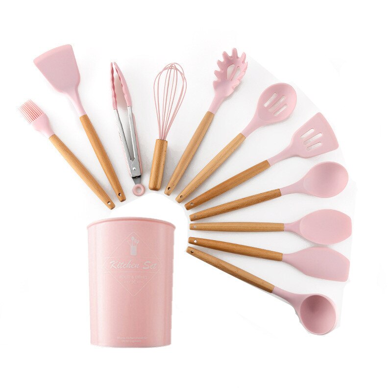 9/11/12 st silikonset matlagningsredskap set non-stick spatel spade trähandtag matlagningsredskap set med köksredskap förvaringslåda: Rosa -11 st-b