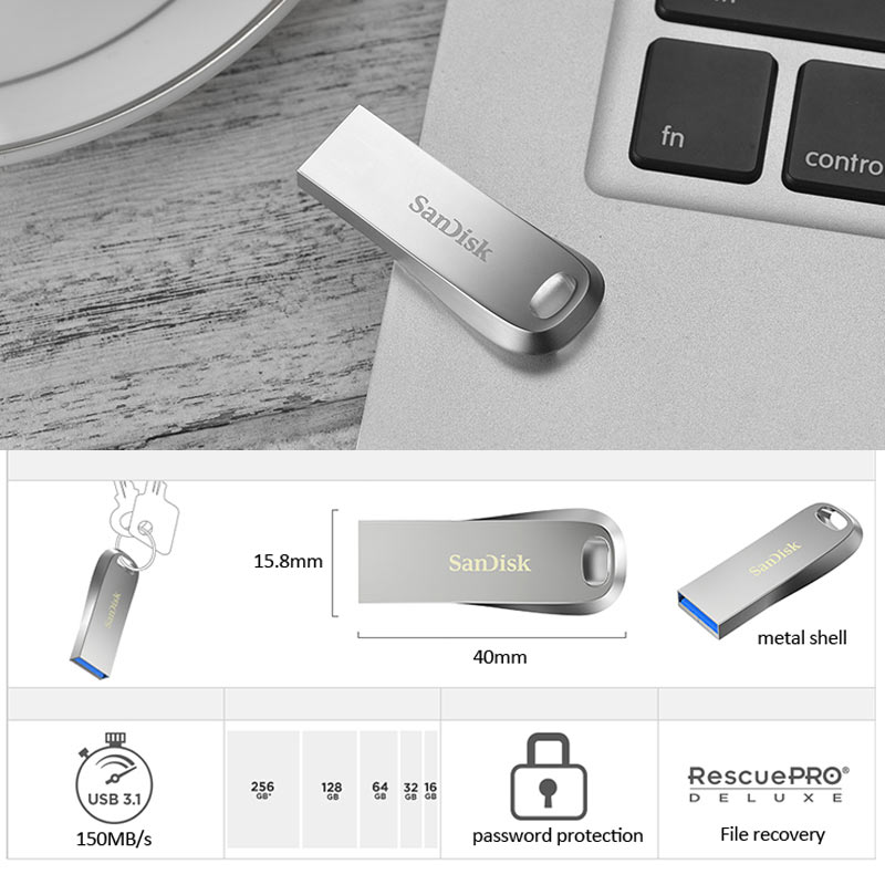 Unidad flash SanDisk Ultra Luxe USB 3,2, 32GB, 64GB, 128GB, 256GB, 512GB, velocidad de lectura de hasta 150MB/s-400MB/s, disco U de Metal