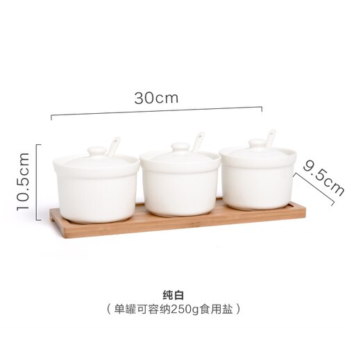 De cerámica Set de tarros de condimento botella de Salt Shaker utensilios para el hogar estilo japonés especia tanque accesorios de herramientas de cocina con asiento de almacenaje: Pure white