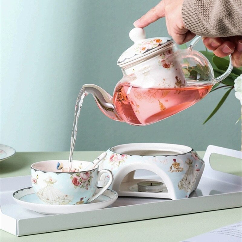 Romantic Household Flower Tea Teaware Coffee Set Heatable Base Tea Stove Glass Teapot Ceramic Coffee Cup Saucer Spoon Set