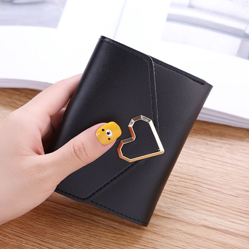 Women Wallets PU Leather Vintage Small Fresh Metal Heart-Shaped Lady Student Short Purse Women Small Simple Wallet